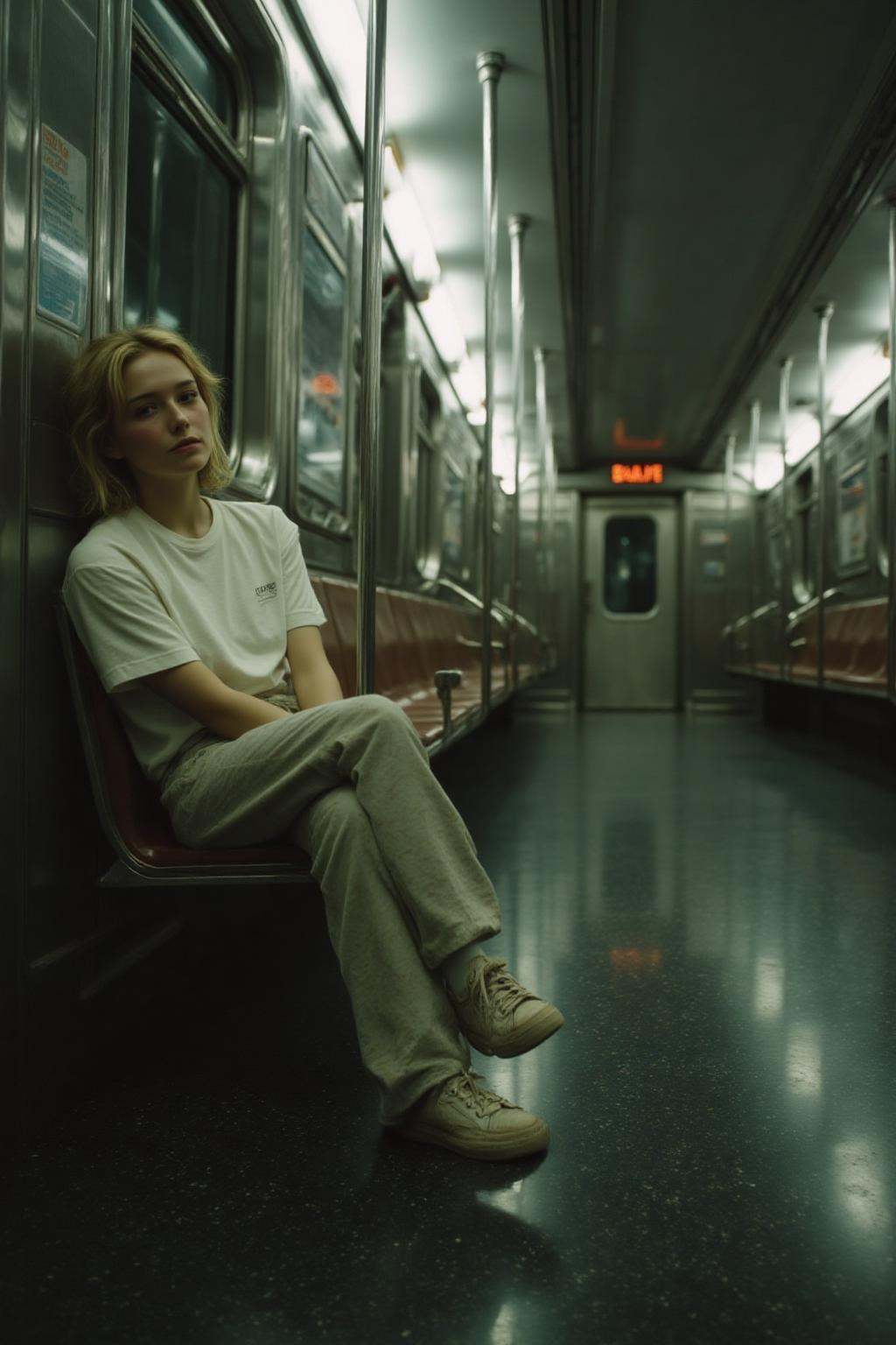 midjourney analog photograph.On the left is a young blonde woman reclining casually,  cross legged,  in a subway car on Te...