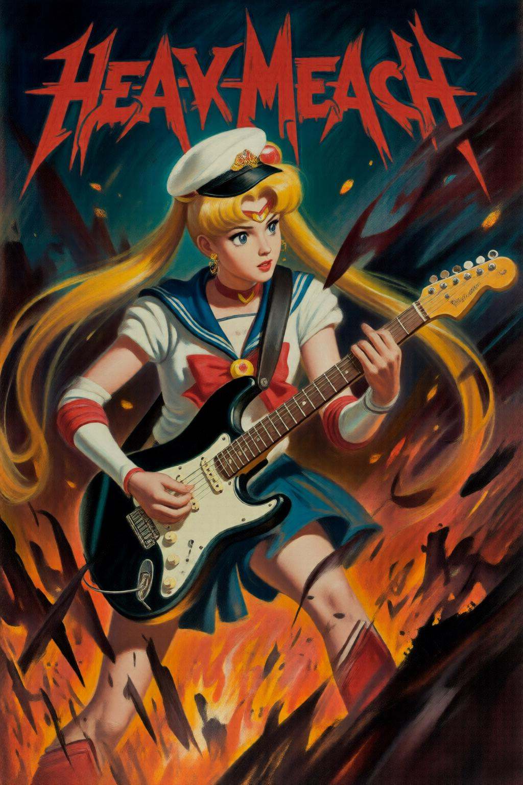 walterbaumhofer2q illustration. Punk sailor moon playing a guitar at a heavy metal mosh pit,  tattoos,  piercing on Tensor...