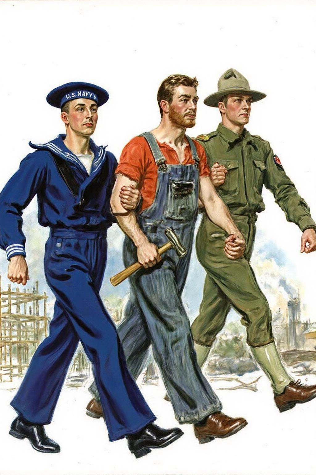 jamesmontgomeryflagg1 illustration.Three men walking with arms locked. The man on the left wears a blue naval uniform with...