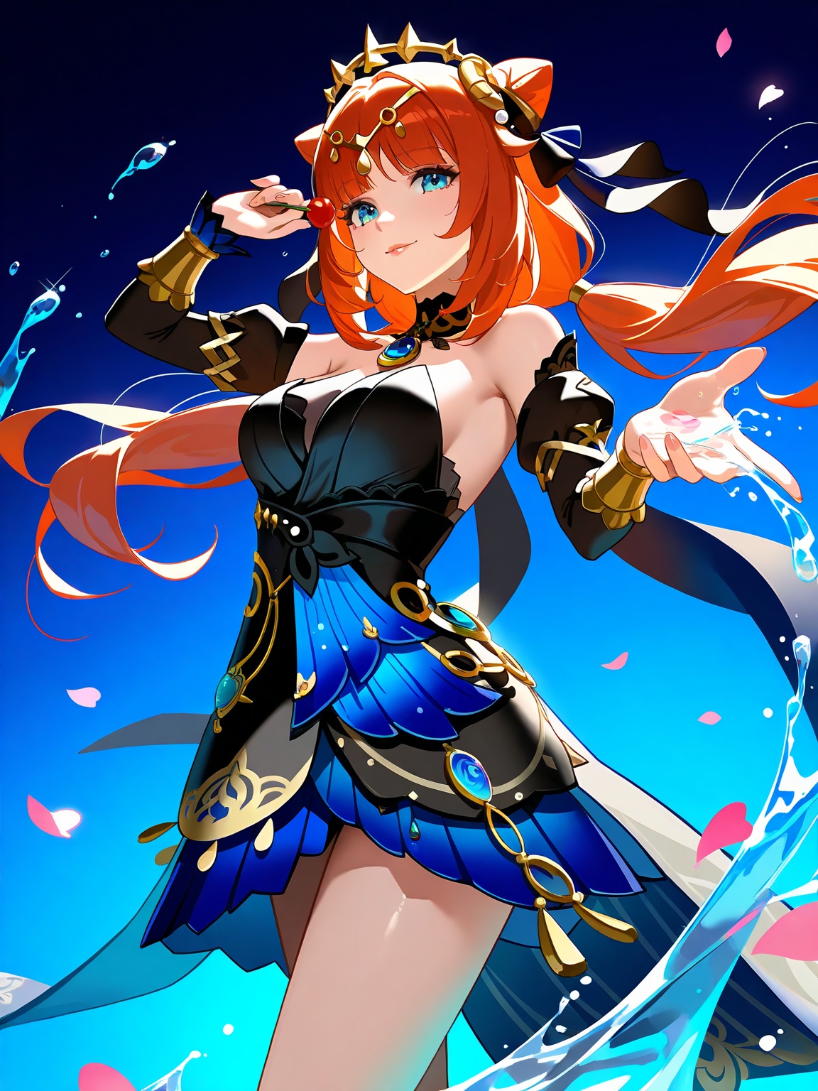 1girl, Nilou Collei Genshin Impact, Opulent Splendor, vision accessory, gold gauntlet, ***** body, lips, thin lips, solo, looking at viewer, charming sensual smile, dancing, water droplets, splashing water, chupa chups, 2/3 body, from below, back lighting, dark, multicolored background, masterpiece,  flower petals ,cherry blossom, best quality, very aesthetic