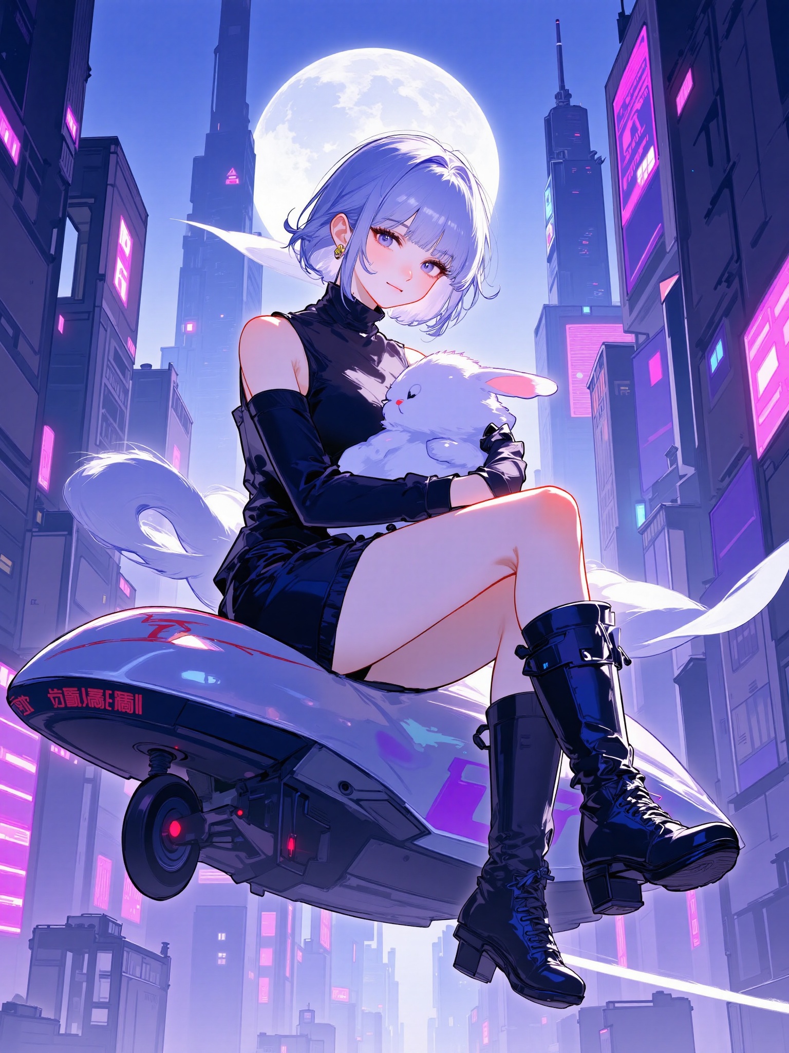 ecy,  QH,  It is a neon-lit illustration of a futuristic cityscape at night on Tensor.Art