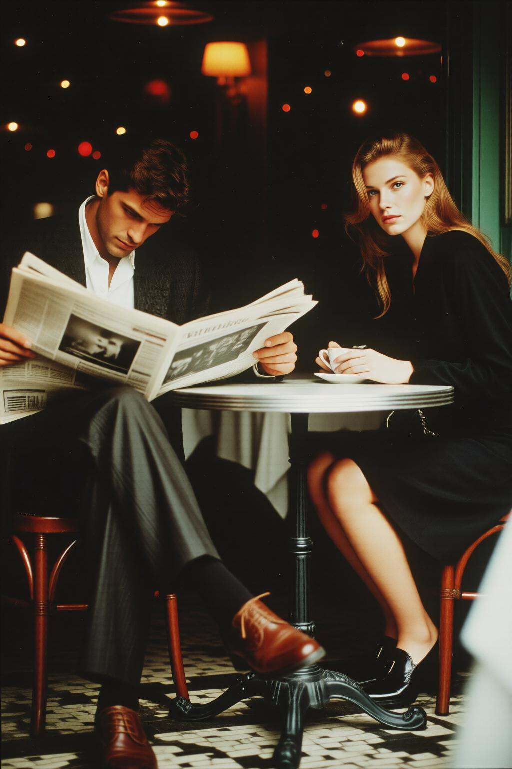 midjourneymix10q photograph.A man and a woman are seated at a small dining table. The man,  dressed in a dark suit and whi...