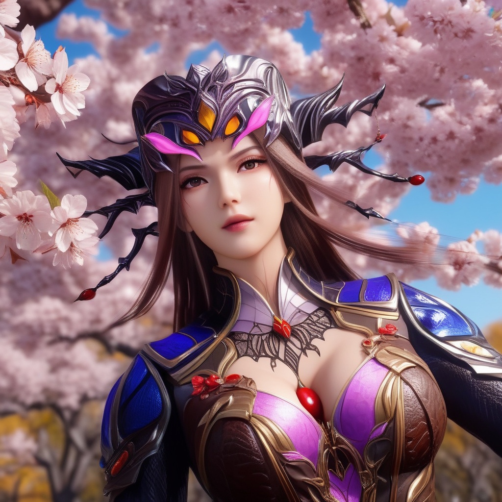 <lora:833-DA-XL-斗罗大陆-比比东-罗刹神:0.8>, (,1girl, ,best quality, ),,  ,ultra detailed 8k cg,ultra realistic 8k cg, ,masterpiece, (( , )),, ,science fiction,mole, ,    ,(,cherry blossoms, autumn leaves,perfect cherry blossom,   ), (cleavage),, butterfly,