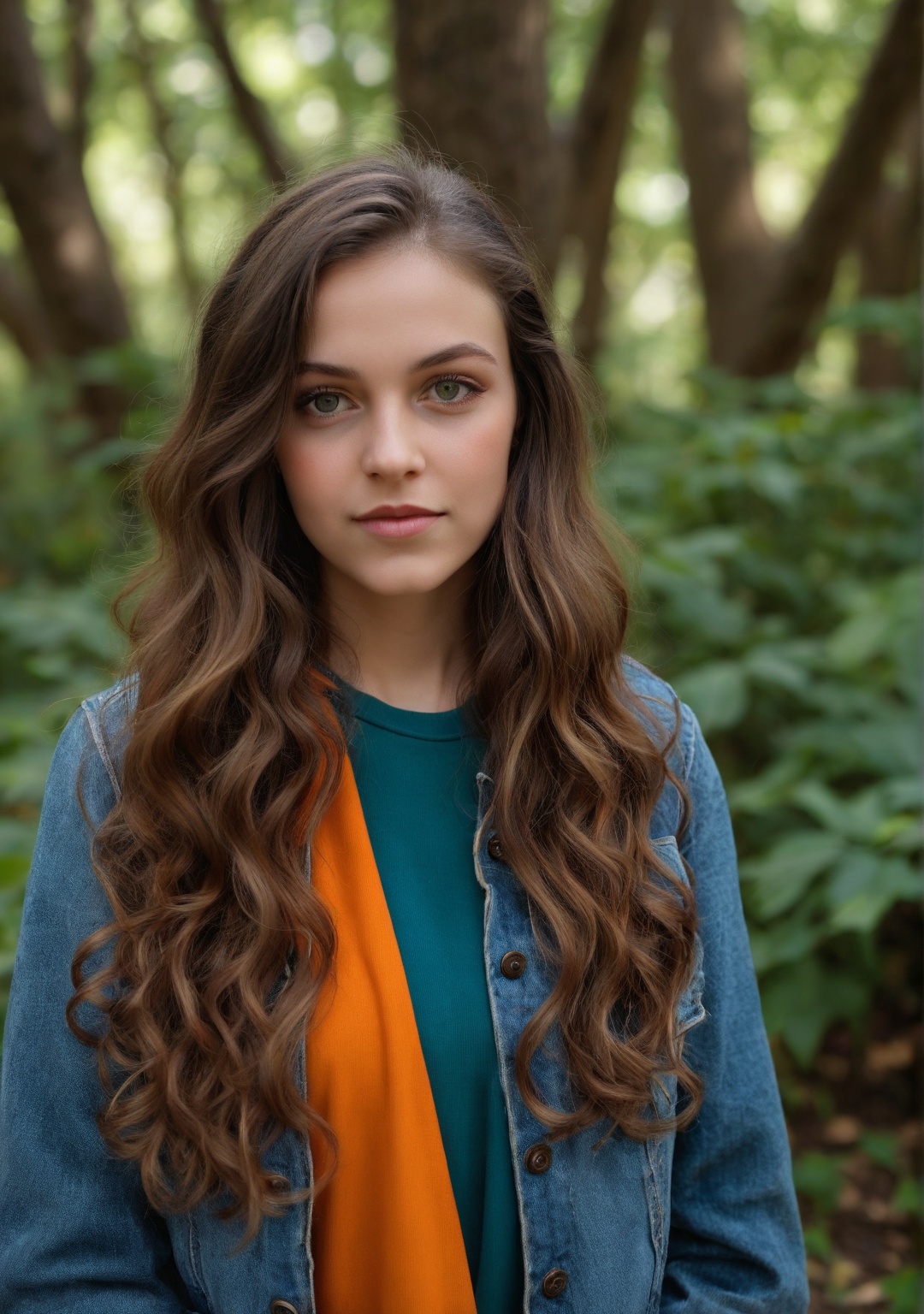 a close half body portrait photo Ultra-realistic portrait of a young woman with shoulder-length wavy brown hair,  wearing...