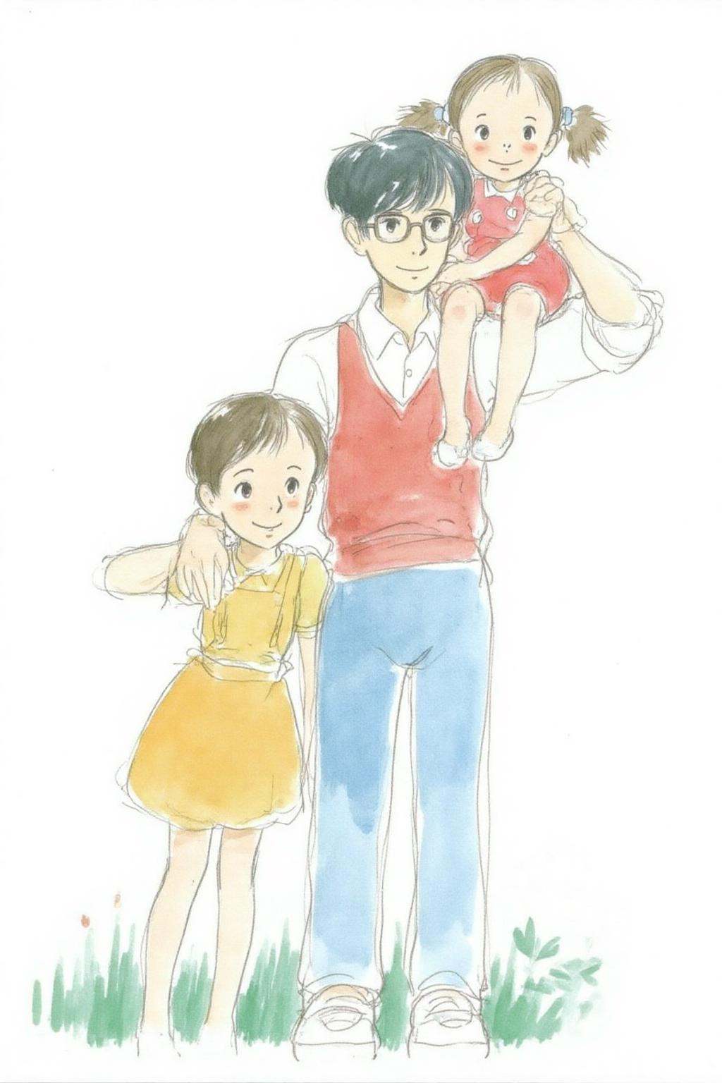 hayaomiyazaki2 illustration.A family scene with a father and two young girls. The center figure is a father wearing glasse...