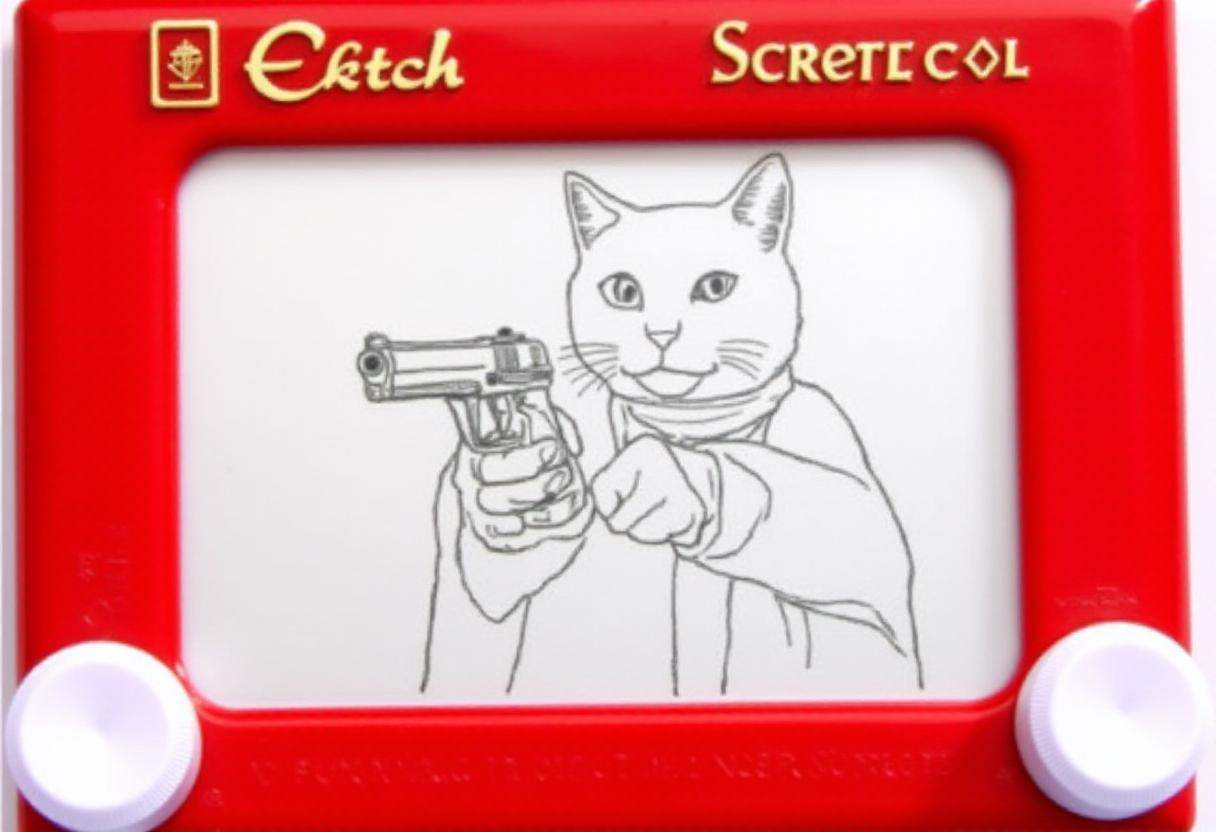 This image is a photograph of a drawing created using the Etch A Sketch toy,  a classic handheld drawing toy that uses a s...