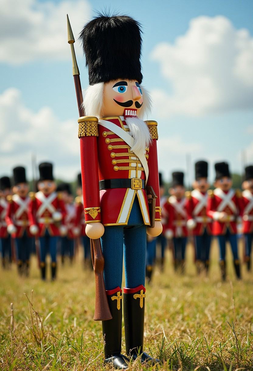 FancyNutcracker standing out in front of his vast British army in a field on a sunny day. The soldiers all wear red coat u...