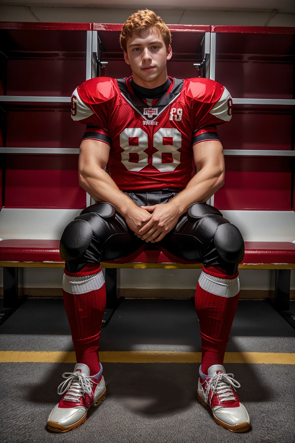 In an American football locker room,  (sitting on a locker room bench),  legs spread open on Tensor.Art