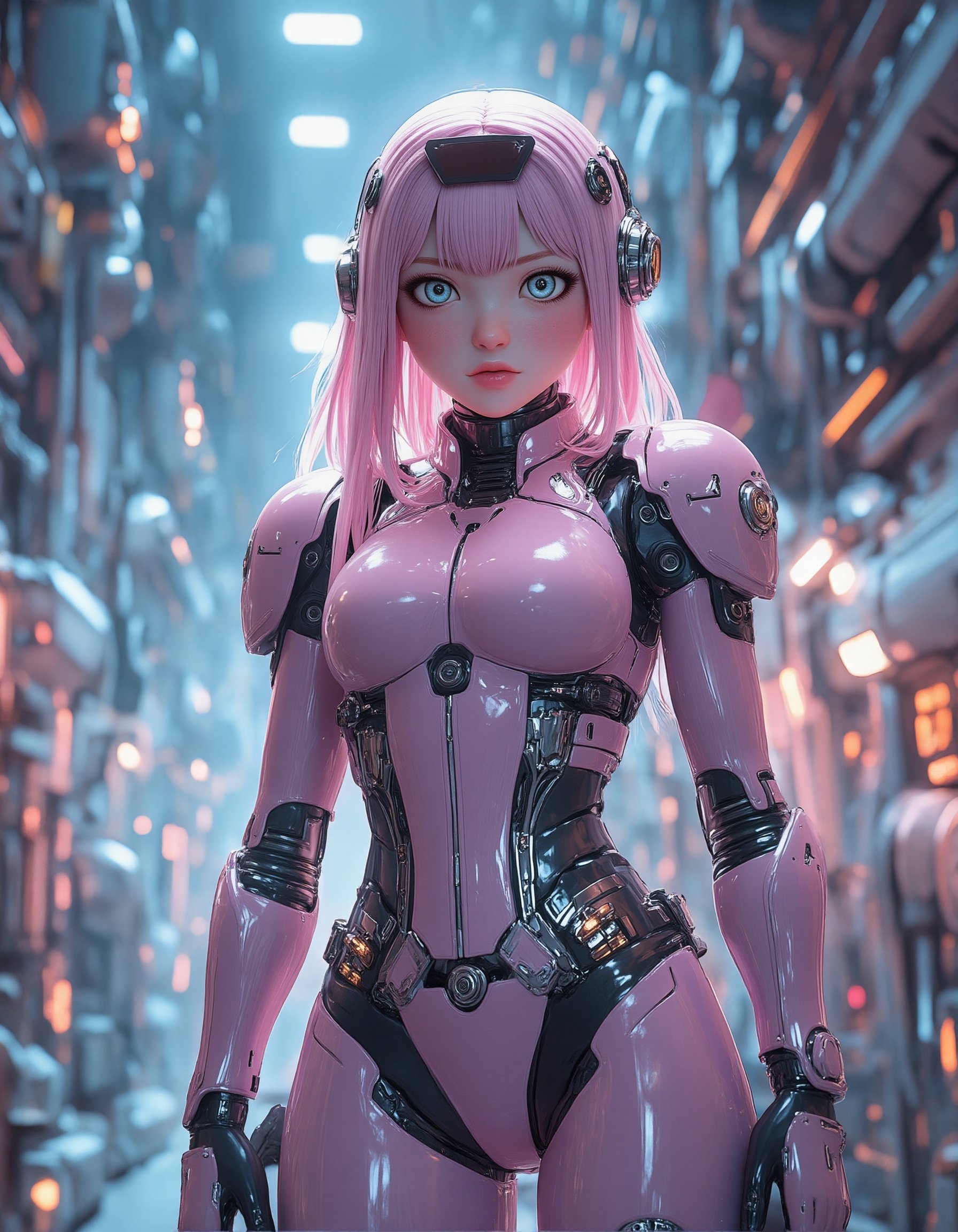 Highly detailed 3D anime-style female character,  wearing advanced pink and silver mecha armor with intricate mechanical c...
