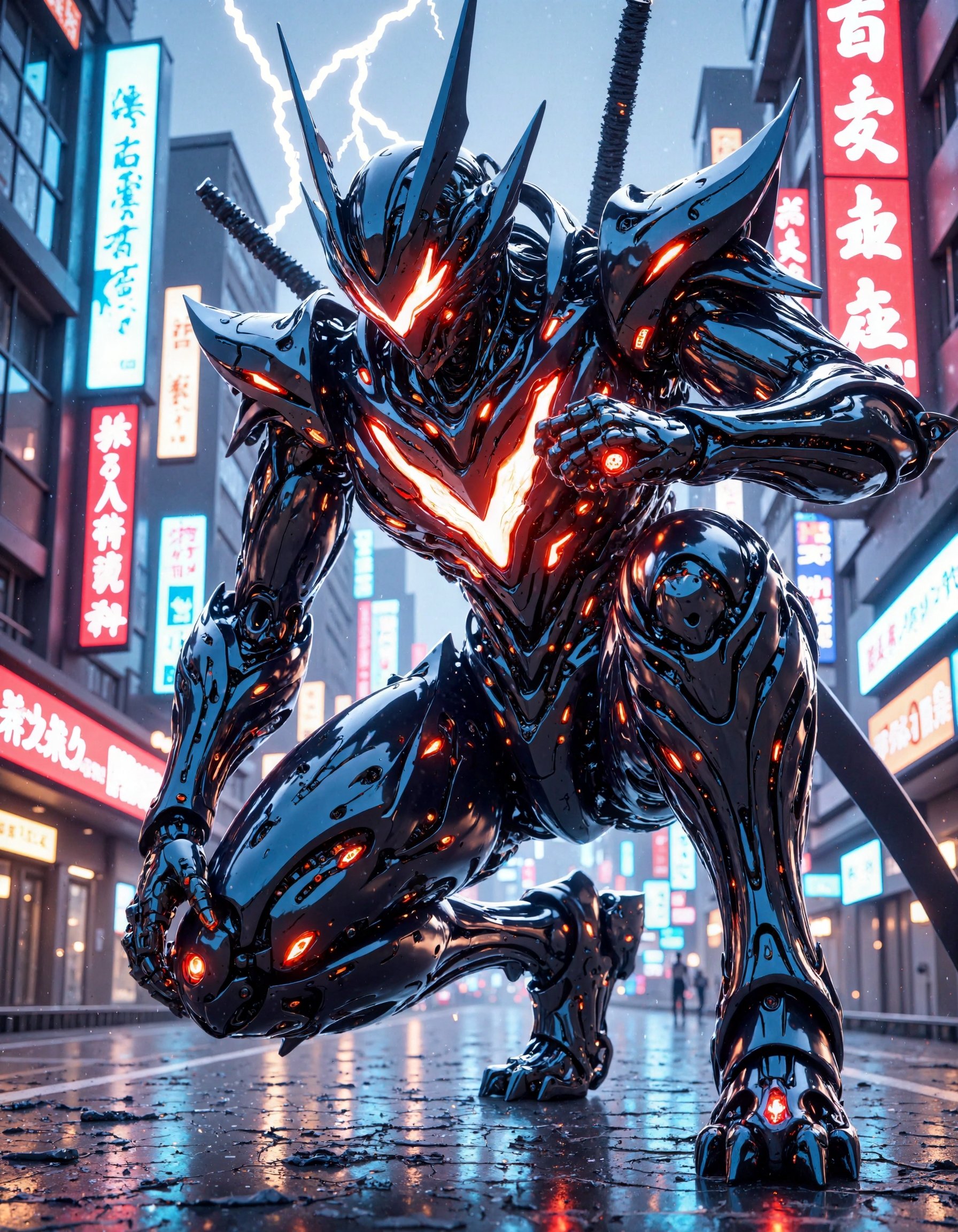 "A hyper-realistic,  ultra-detailed ninja-inspired mecha robot,  blending stealth and futuristic technology in a sleek on...