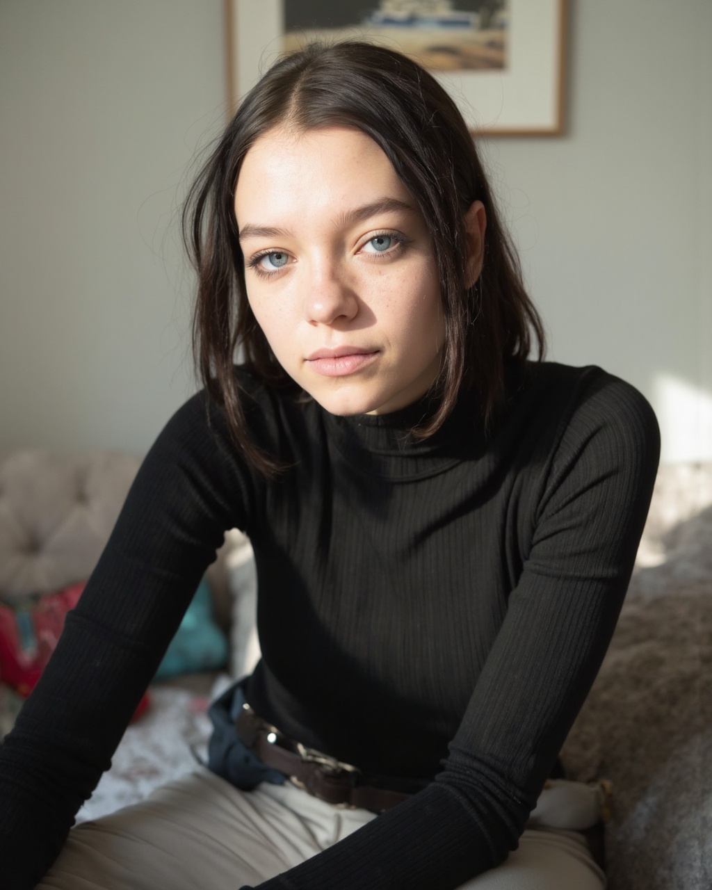 esme_cmiles,  wearing a turtle neck sweater,  Photo of esme_cmiles sitting on a plush couch on Tensor.Art
