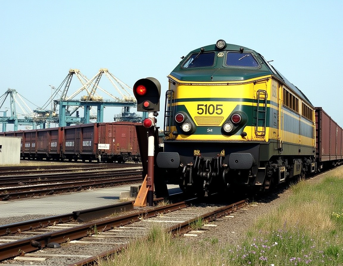 A vivid depiction of a diesel train engine,  numbered 5105,  prominently displayed on a curved track. The engine on Tensor...