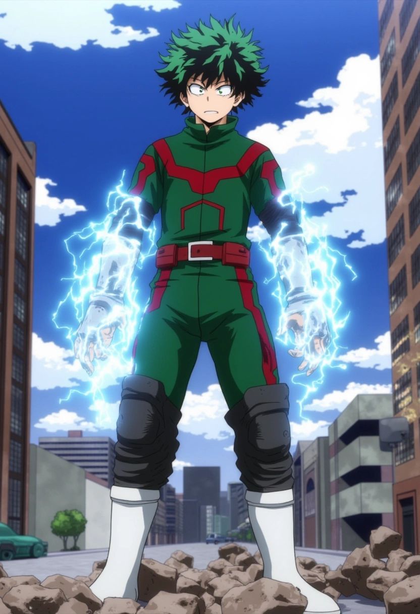 Izuku Midoriya,  a teenage boy with messy green hair and bright green eyes,  standing confidently in his hero costume. His...