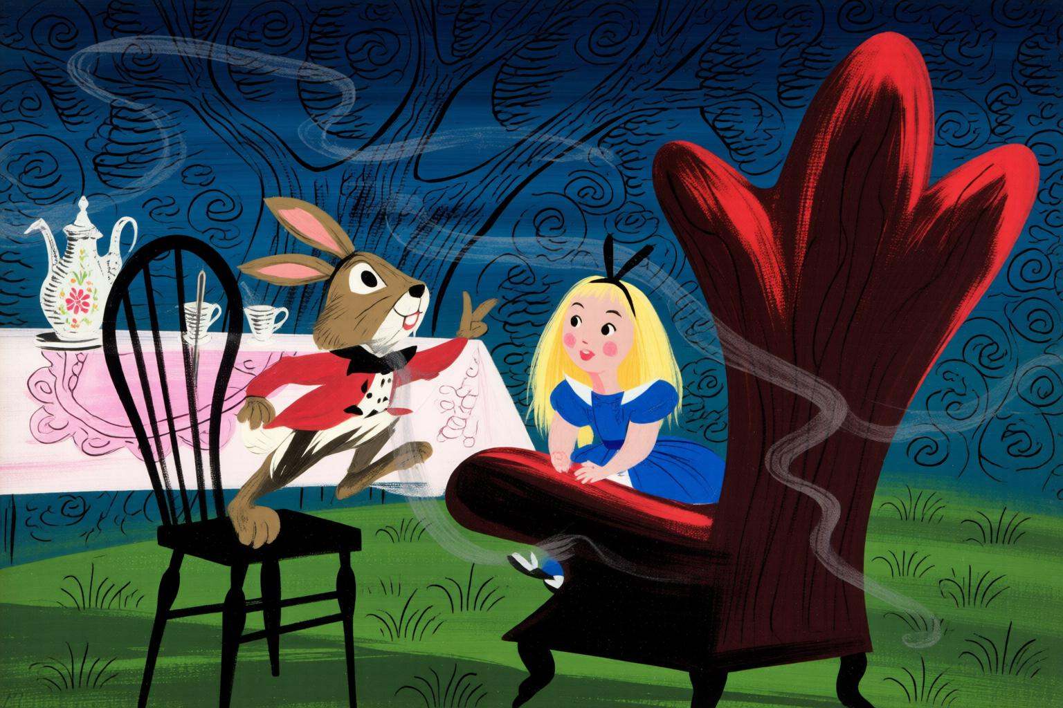 maryblair4q illustration.An anthropomorphic rabbit and a girl sit at a table outdoors. On the left,  the anthropomorphic r...