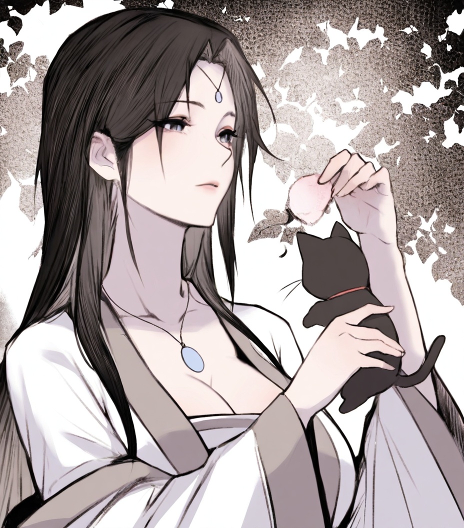 solo,highly detailed,(best quality),((masterpiece)),1girl,simple background,<lora:裴语涵nb114XL:1>,peiyuhan,black hair,necklace,long sleeves,holding_cat,