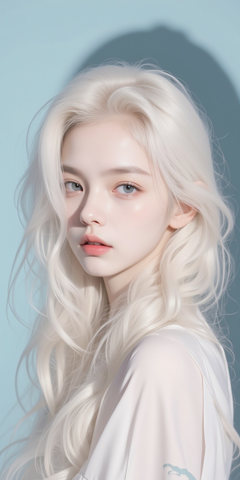 a medium-angle shot of a woman's face is depicted in a close-up shot. The woman's eyes are a piercing blue and her long wavy blonde hair cascades over her shoulders. Her lips are a vibrant shade of pink adding a pop of color to the scene. The backdrop is a light blue creating a stark contrast to the woman's white skin. The shadow of the woman is cast on the left side of the image adding depth to the composition.