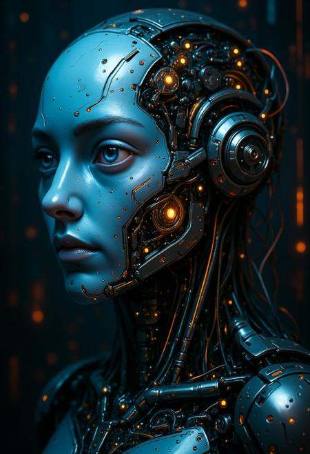 A highly detailed cybernetic humanoid with a metallic blue face,  seamlessly integrated into an intricate mechanical syste...
