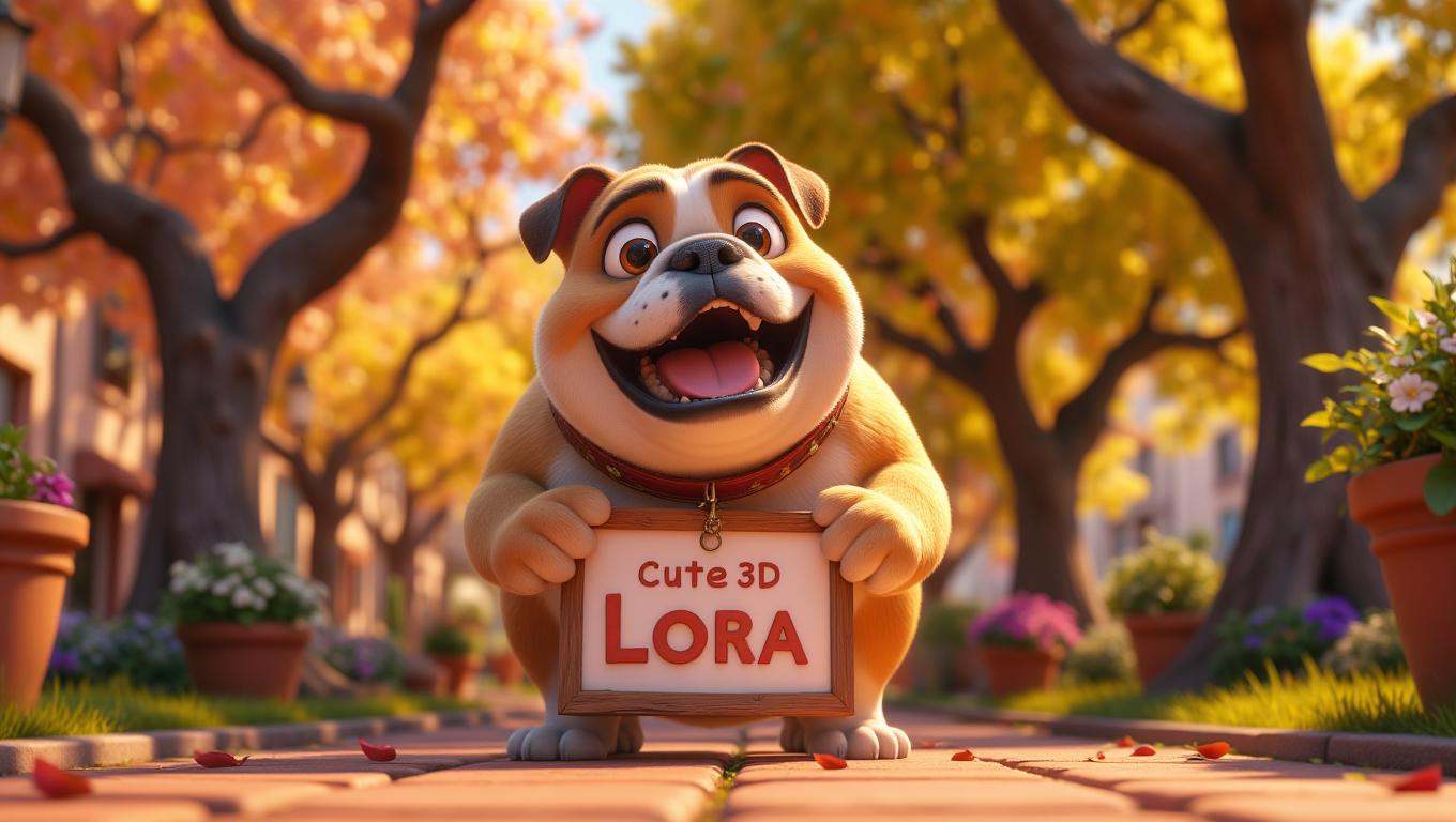 Anthropomorphic cute bulldog holding a sign with the text "Cute 3D Lora". In a park on Tensor.Art