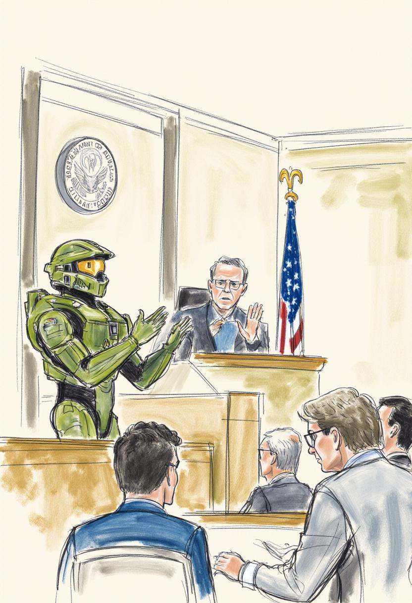 This is a detailed,  hand-drawn courtroom scene in a sketchy,  watercolor style depicting Master Chief giving a presentati...