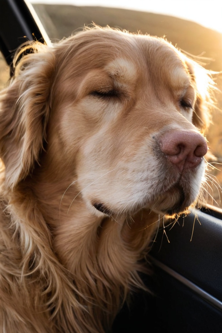 Close-up portrait of a golden retriever with its head out of a car window,  wind in its fur,  eyes half-closed on Tensor.Art