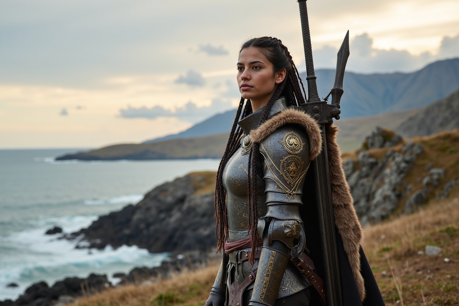 A beautiful female Knight standing tall in a majestic mountainous landscape. She has dark skin and long,  flowing hair ado...