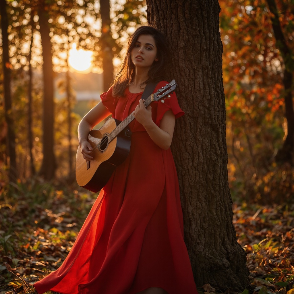 A vivid portrayal of naomi_scott in a flowing red dress,  leaning against a tree trunk,  playing an acoustic guitar. The s...