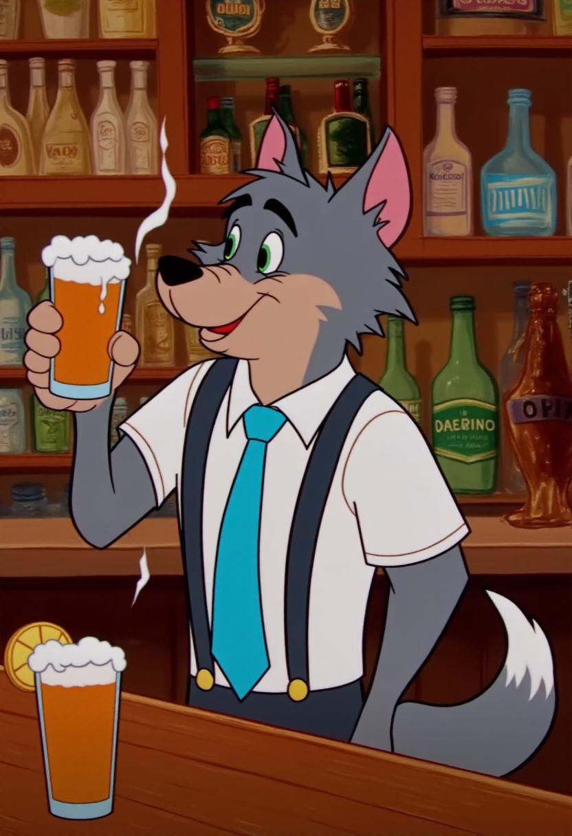 tjstyle cartoon image of a wolf wearing a tie getting drunk at a bar on Tensor.Art