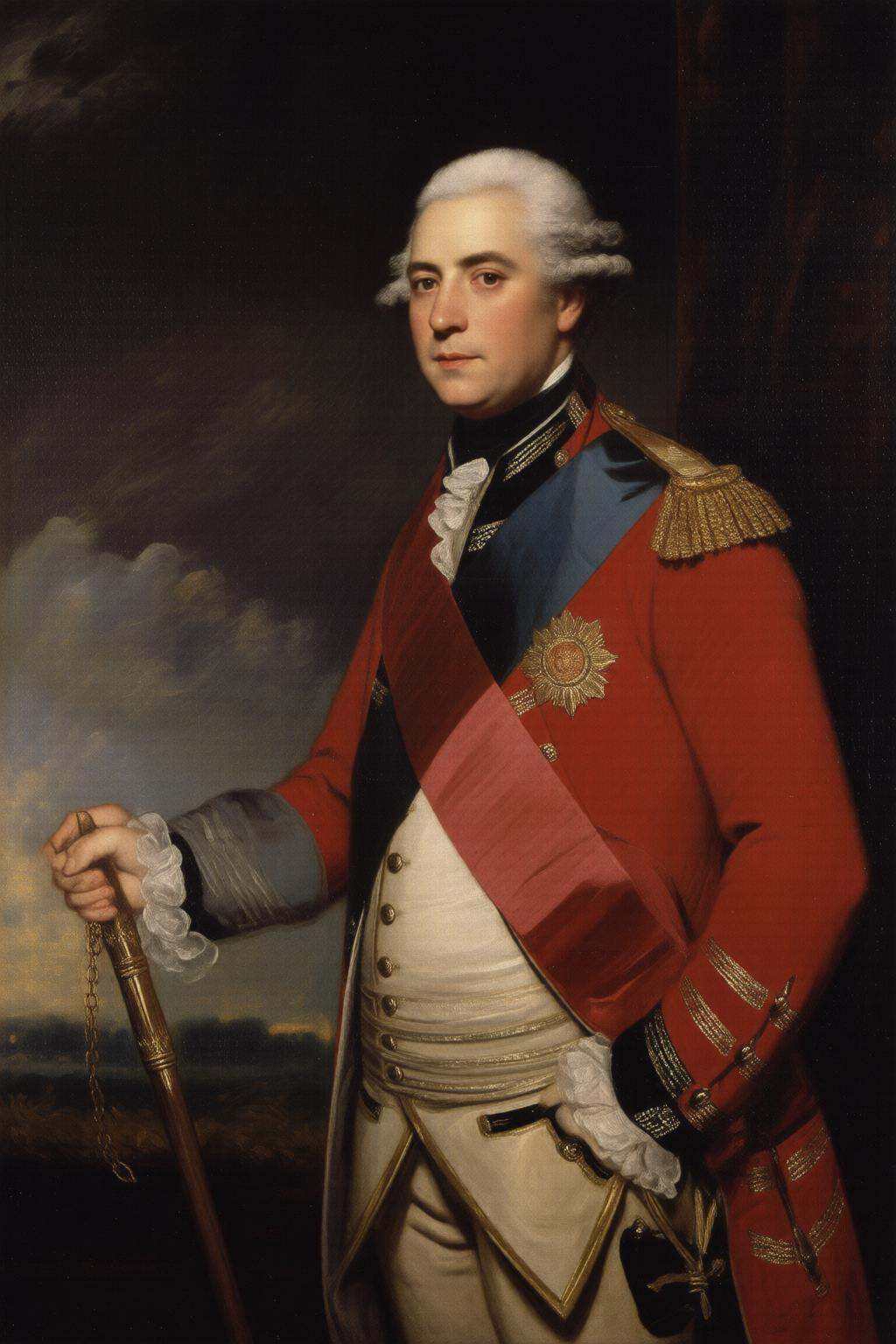 joshuareynolds2q painting.A man dressed in elaborate military attire,  indicative of a high-ranking officer from the 18th...
