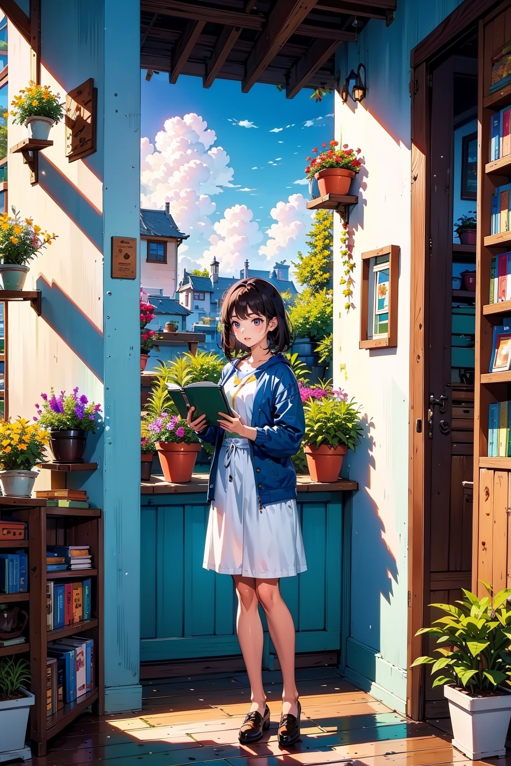 girl, full body, scenery, plant, shelf, potted plant, flower pot, sky, window, cloud, book, box