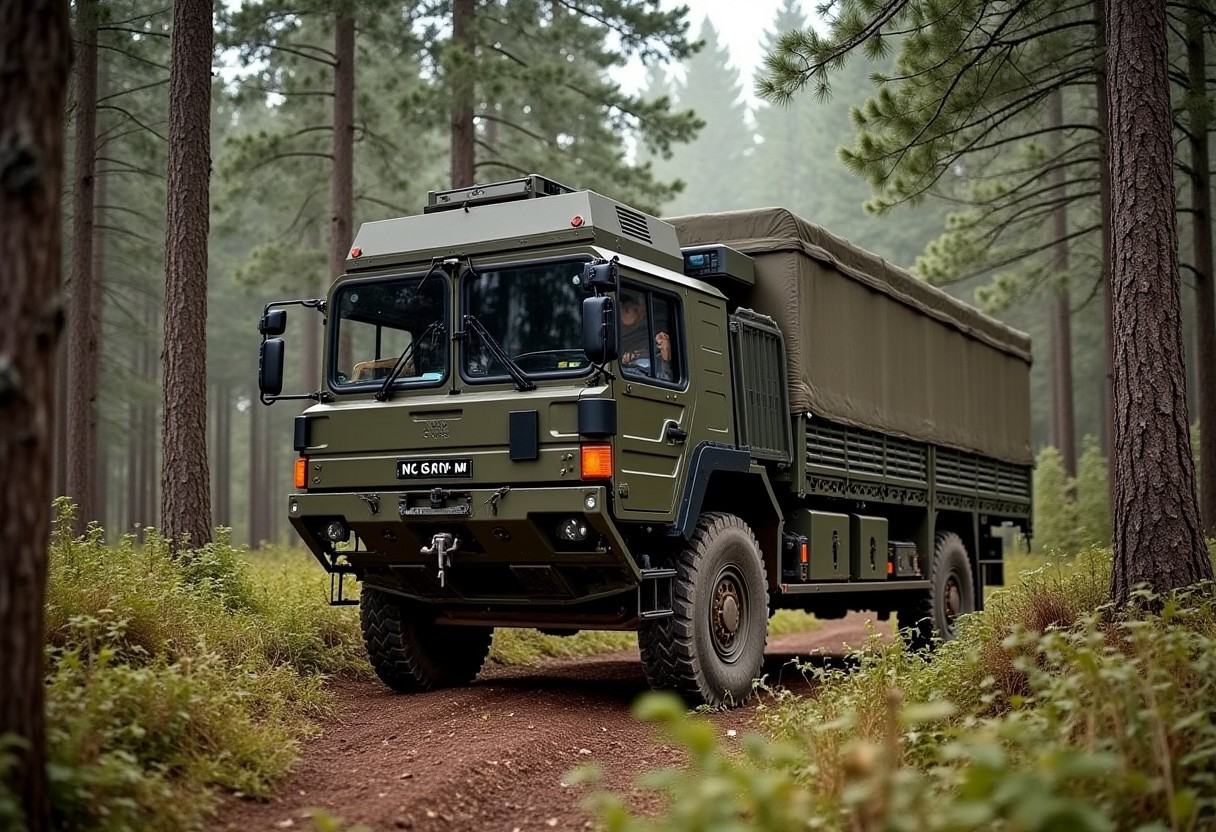Army green 'ManSV' 6t truck in a coniferous forest,  Man_SV_6t on Tensor.Art