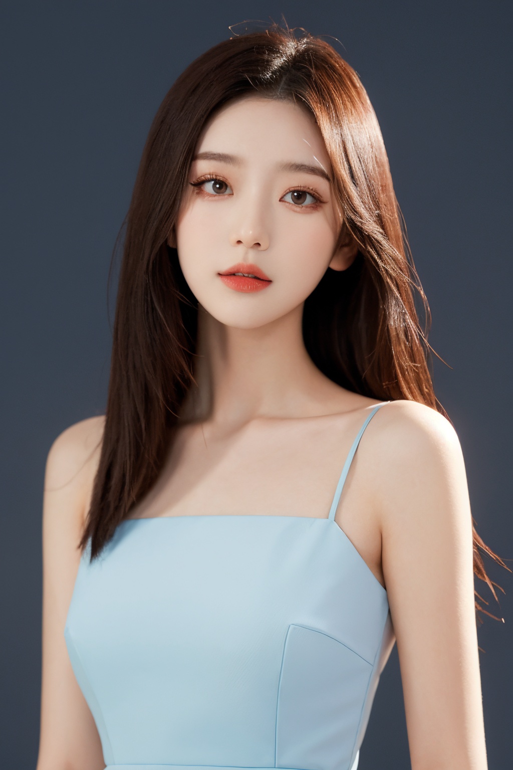 girl, upper body, looking at viewer, dress, simple background, <lora:AgainChangeFaceLora:1>