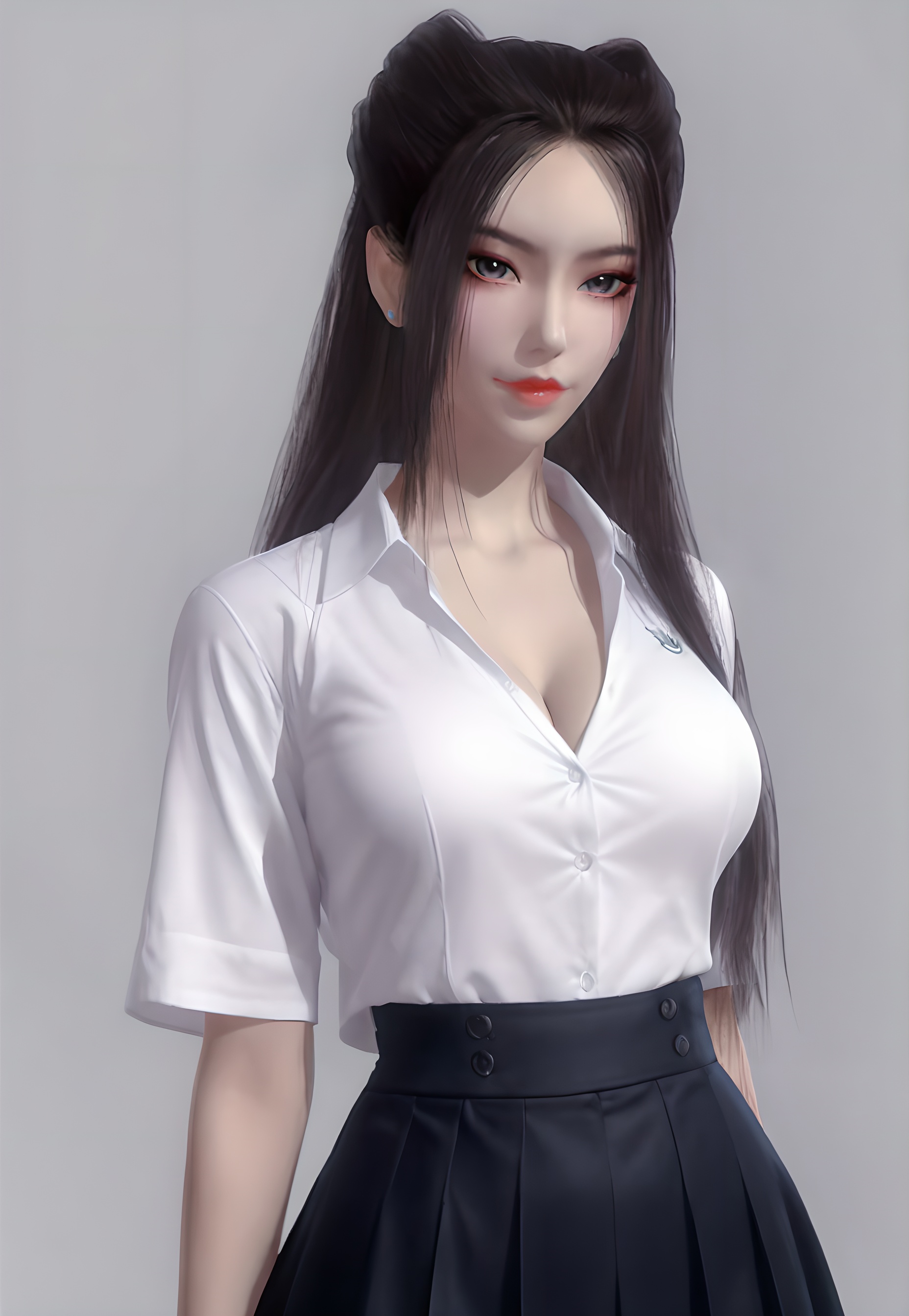 score_9,score_8_up,score_7_up,<lora:SF_YanLingJiBlueCothes_Pony-000004:0.7>,1girl,solo,standing,white school uniform,black skirt,breasts,large breasts,highleg,red lips,jewelry,looking at viewer,white background,
