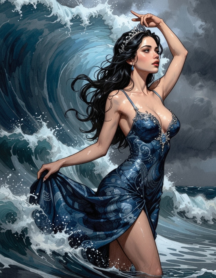 a comic book drawing of a beautiful woman at night. She stands in profile wading up to her hips in a stormy ocean. Large j...