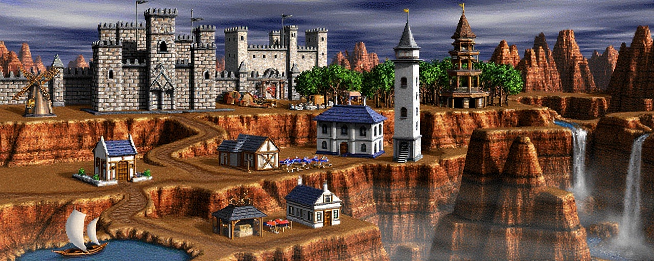 Original HoMM2 style town screen Image is a digital artwork depicting a fantasy medieval town set on a rocky cliffside. Th...