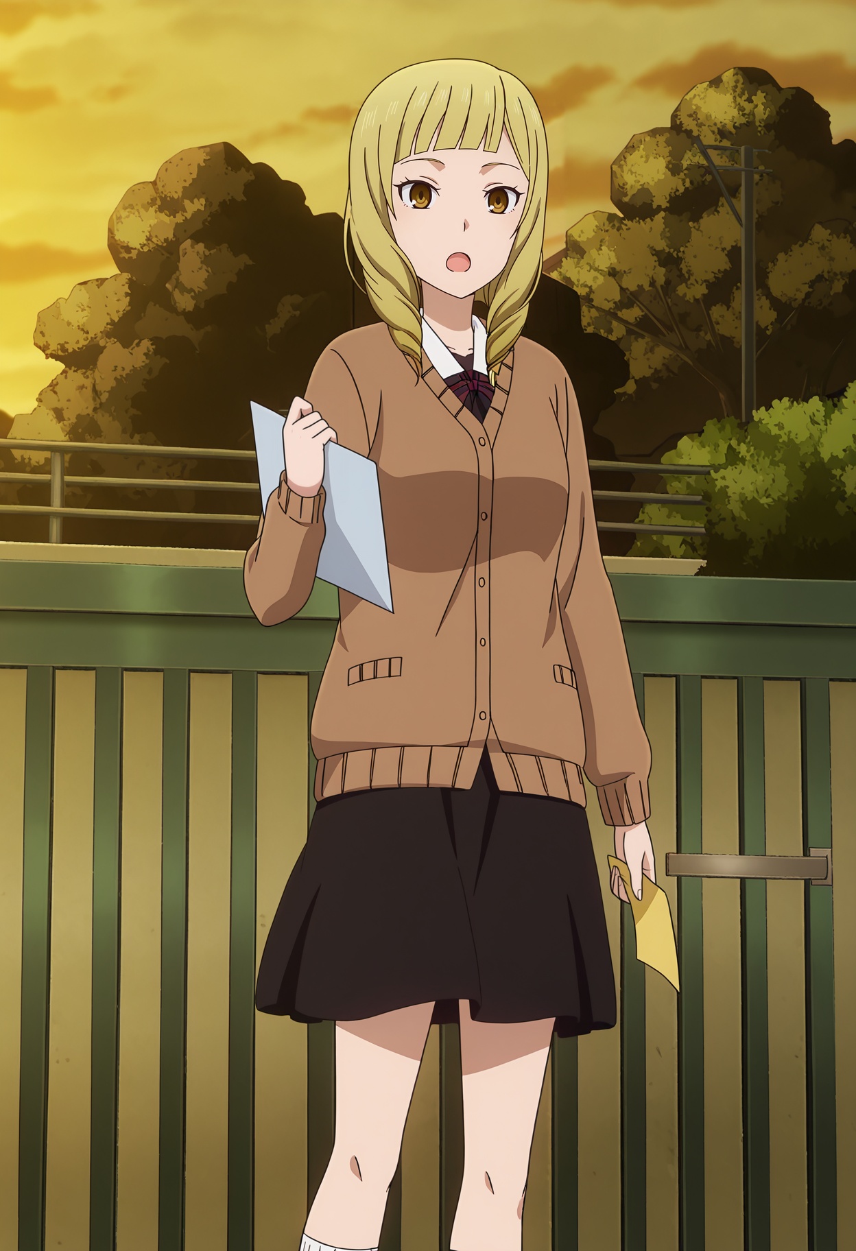 <lora:Onodera Rei_illustrious-000058:1>,Onodera Rei, solo, skirt, cardigan, open mouth, school uniform, black skirt, outdoors, holding, standing, socks, shirt, railing, long sleeves, drill hair, brown cardigan, anime screencap,blonde,