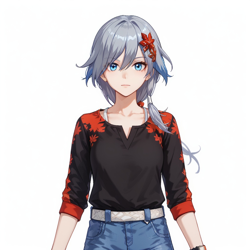 (white background:1.2),looking at viewer,(SOLO:1.4),outline,simple background,upper body, cowboy shot,looking at viewer,(((arms at side))),    fu hua mordver,fu hua,long hair,bangs,blue eyes,grey hair,blue hair,hair ornament,hair between eyes,low-tied long hair,, black shirt, shirt, denim, casual, shorts, red hair ornament<lora:hongye-pony:0.8>