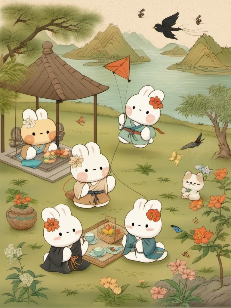 tuzi,A cute,pastel-colored scene with adorable white bunnies in blue kimonos and flower crowns hanging out in a chill garden. They're having a picnic with a basket of goodies and a little black cat. There's a swing,a kite flying high,and a peaceful river in the background. The vibe is super peaceful and whimsical,with soft,rounded shapes and a warm,muted color palette.,,<lora:tuzi_v1:0.8>