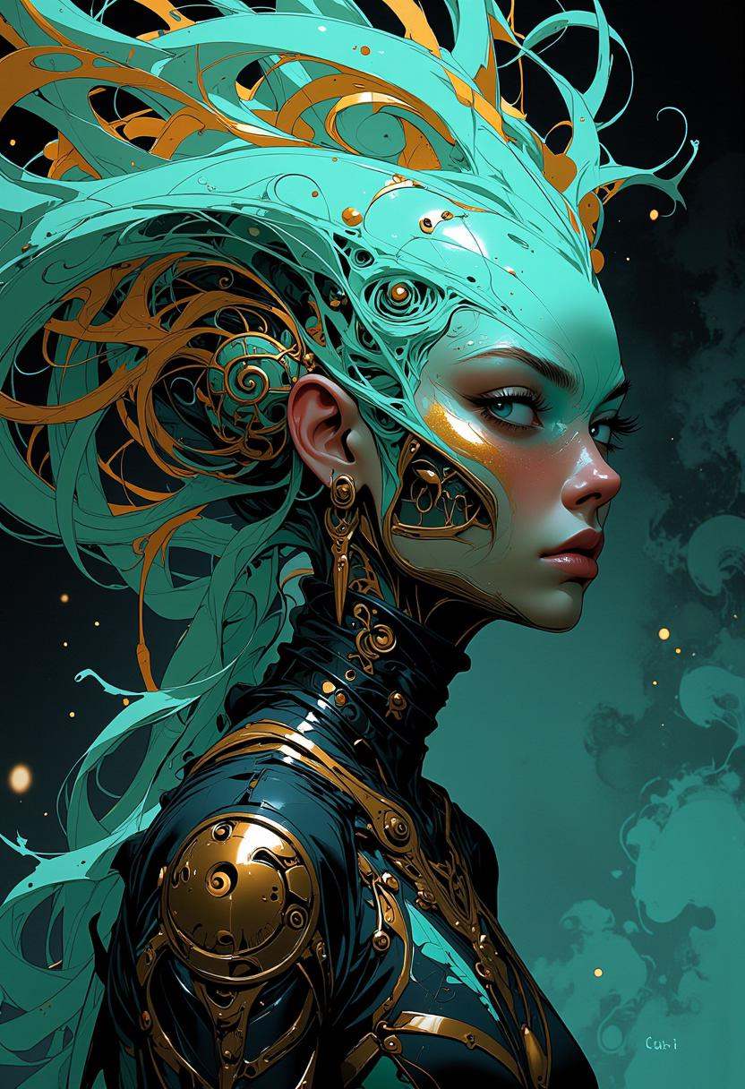 Ethereal minimalist Alien race cybergoth fashion photography painting,  in the style of teal and gold,  use of palette kni...