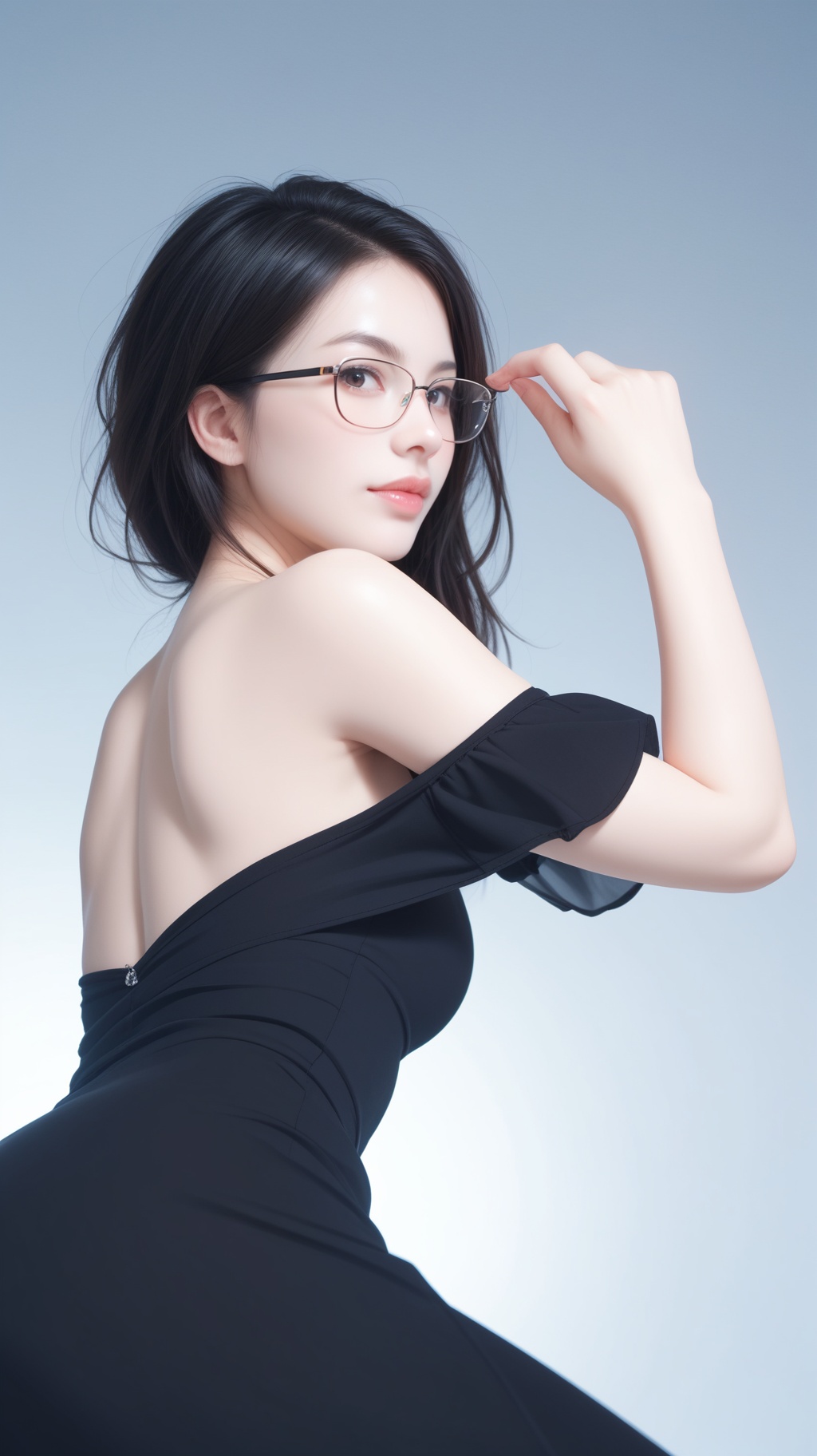 1girl,solo,Back Angle,black hair,lips,jewelry,white_marble_glowing_skin,(gently hold your glasses:1.4),black dress falling off her shoulder,portrait,(look at the viewer:1.1),looking back,realistic,, score_9, score_8_up, score_7_up,