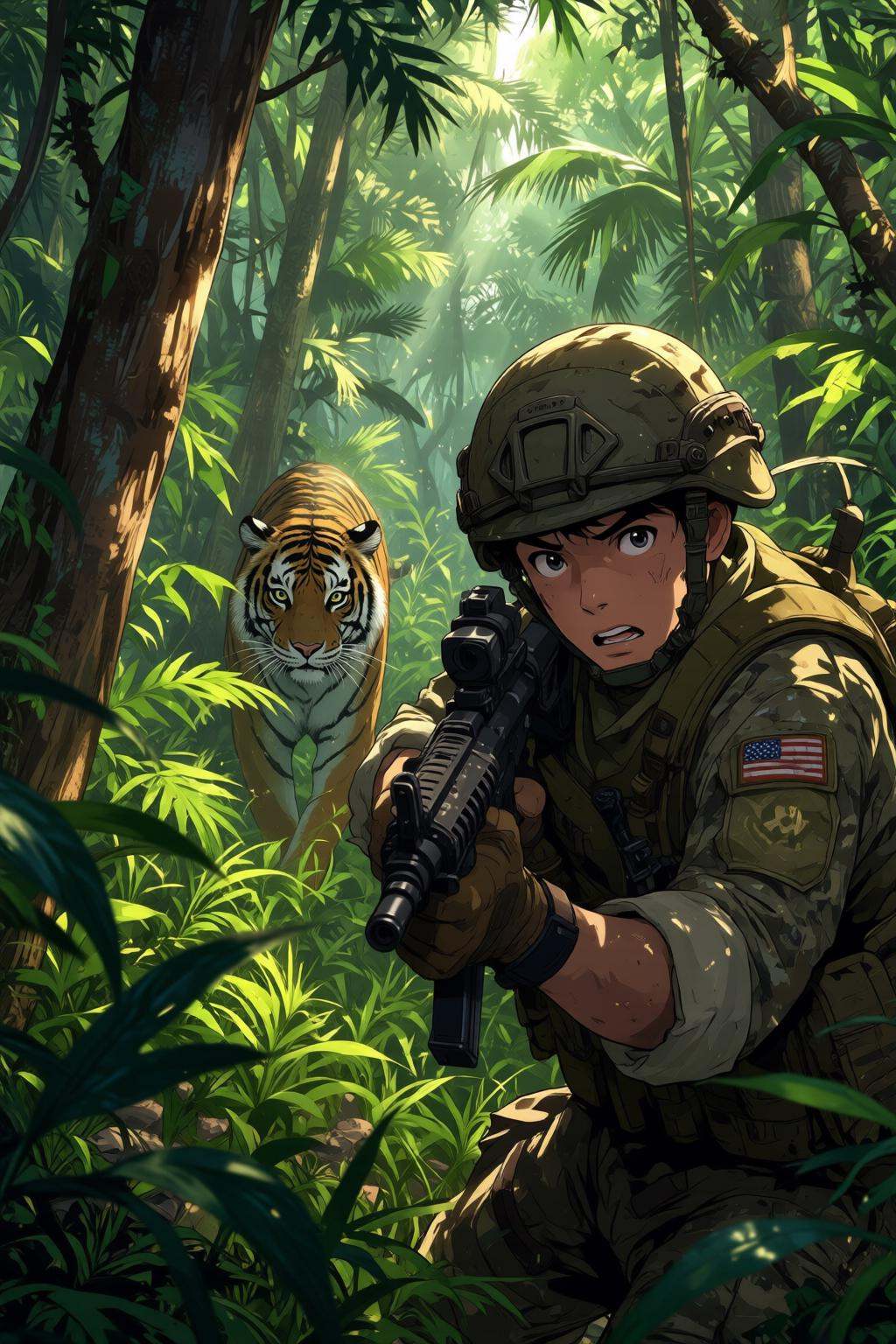 nijimix6q anime style digital illustration.Create a tense jungle scene set in Vietnam,  featuring a dense,  lush environme...