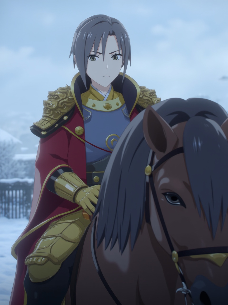 2D style,A boy in armor is riding,outdoors,on a snowy day,black eyes,black hair,