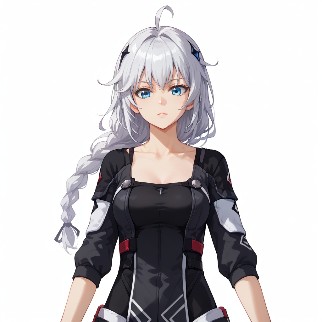 (white background:1.2),looking at viewer,(SOLO:1.4),outline,simple background,upper body, cowboy shot,looking at viewer,(((arms at side))),  Kallen Kaslana,bangs,ahoge,white hair,silver hair,single braid,long hair,breasts,braid,blue eyes,<lora:kalian-pony:0.8>