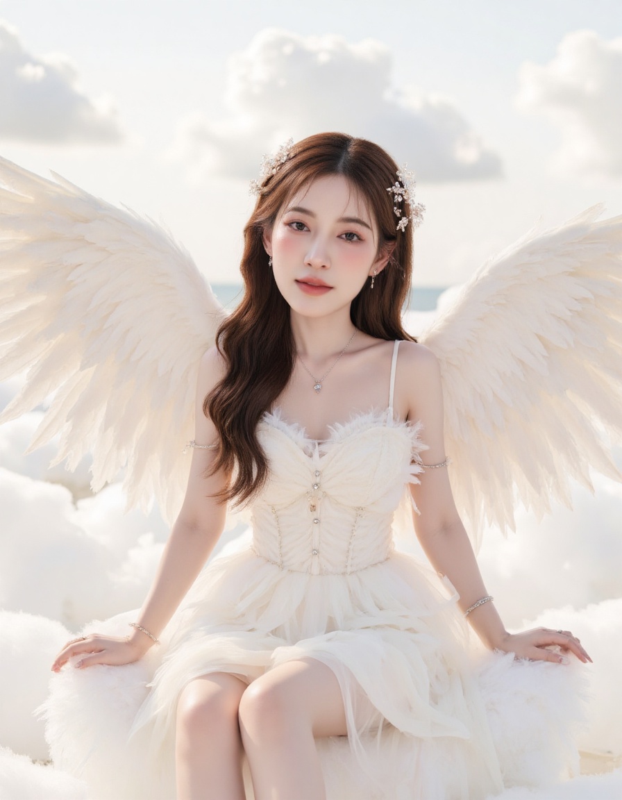 A beautiful celestial angel with large,  majestic white feathered wings,  sitting gracefully on soft clouds. She wears an...