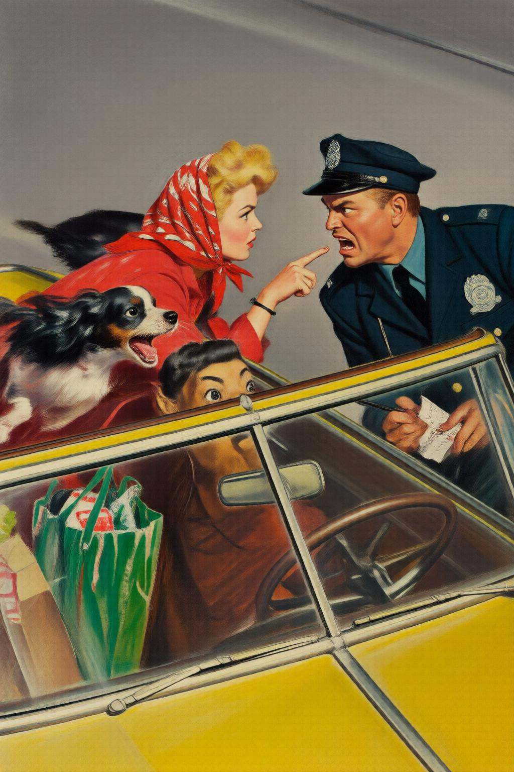 walterbaumhofer2q illustration. A man and a blonde woman are in a yellow convertible. The blonde woman,  show in profiles,...