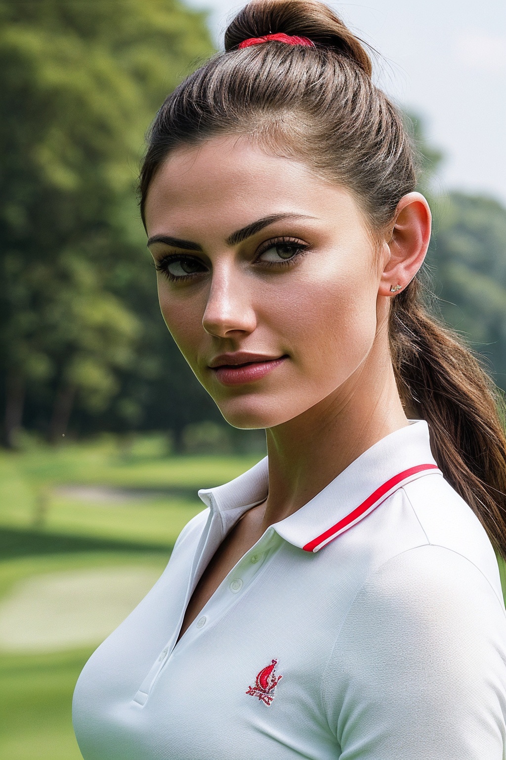 PhoebeT_SoloTI_v1,  (Clad in a stylish,  fitted golf outfit featuring a sleek polo shirt and tailored shorts on Tensor.Art