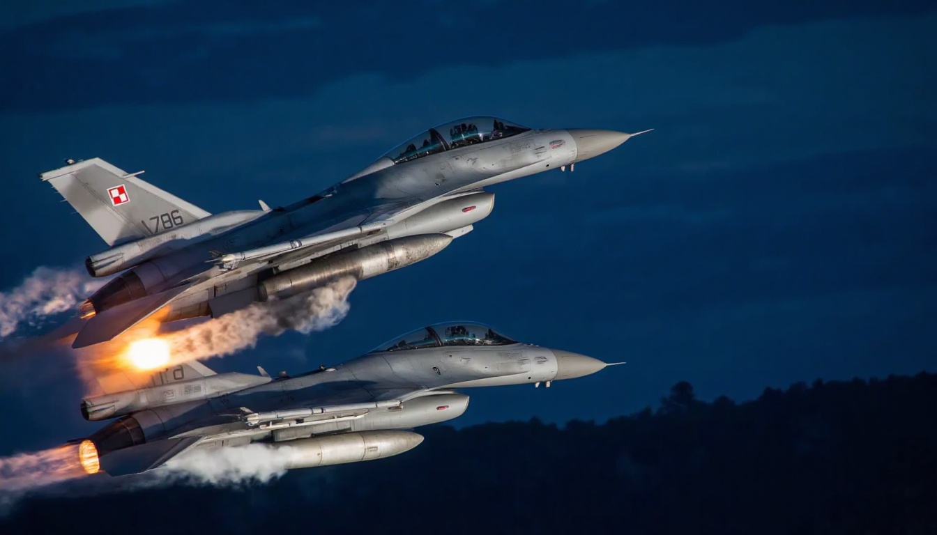 polishF16. The image is a high-resolution photograph capturing a dramatic aerial scene during twilight. Two fighter jets a...