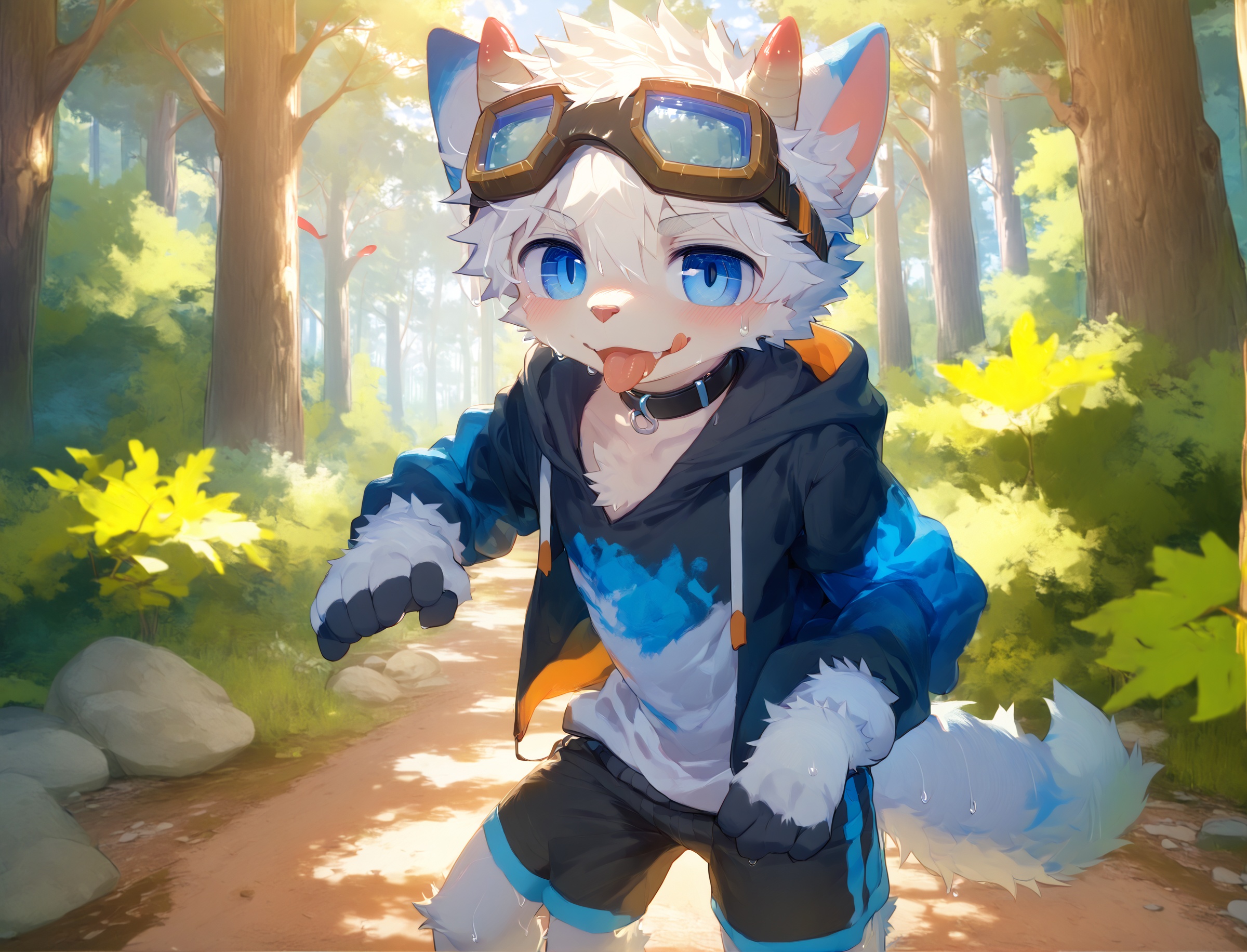 solo,looking at viewer,blush,short hair,blue eyes,gloves,1boy,white hair,male focus,sweat,outdoors,horns,shorts,choker,tongue,black gloves,hood,tongue out,tree,hoodie,goggles,nature,forest,goggles on head,male child,body fur,furry,