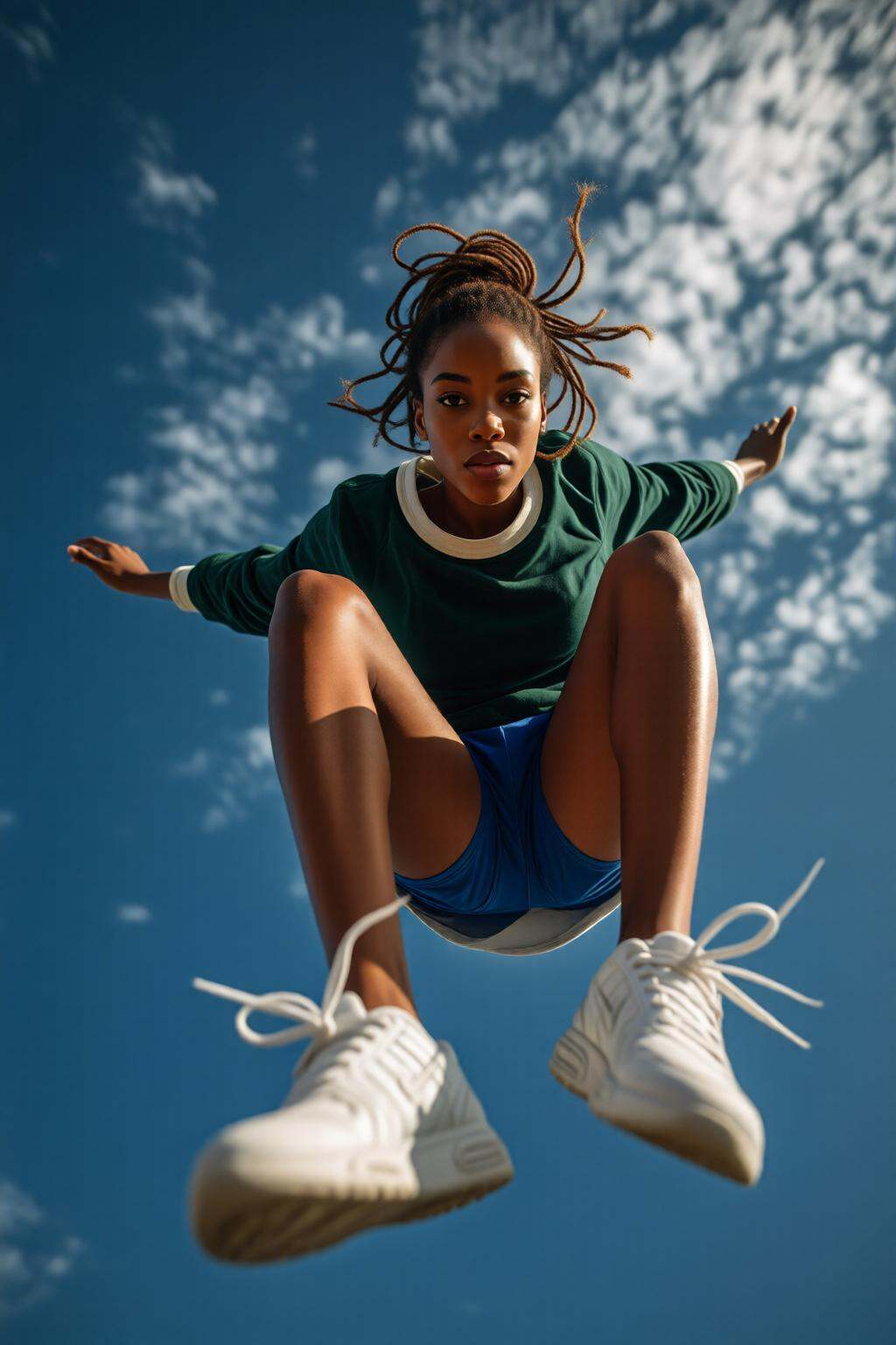 midjourneylowangle11q Low angle shot. An African American woman is wearing a green long-sleeve shirt,  blue shorts,  and w...