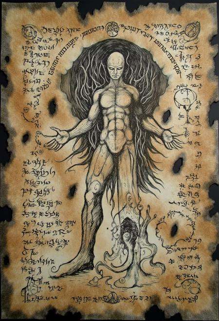 ncrnmcn,  A faded and cracked manuscript depicts a towering,  faceless guardian standing at the entrance of a cavern. The...