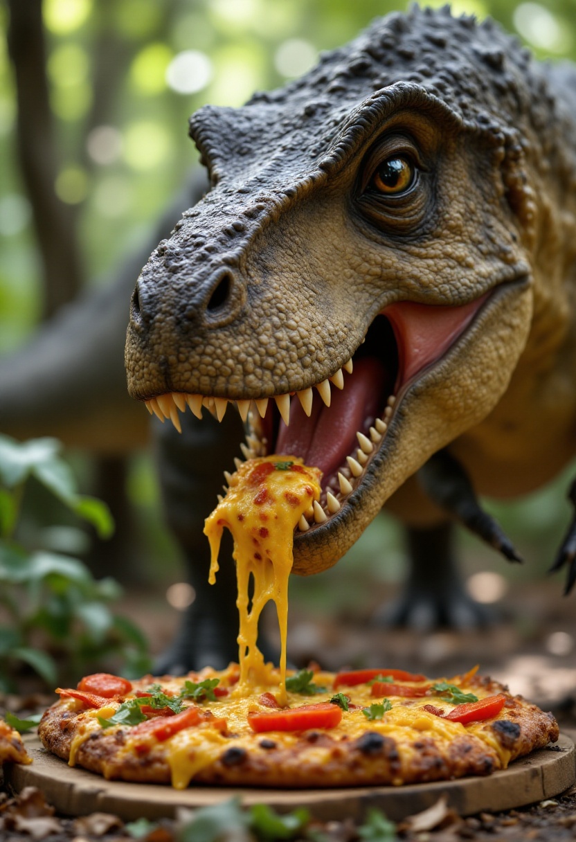 A dinosaur eating pizza in a park on Tensor.Art